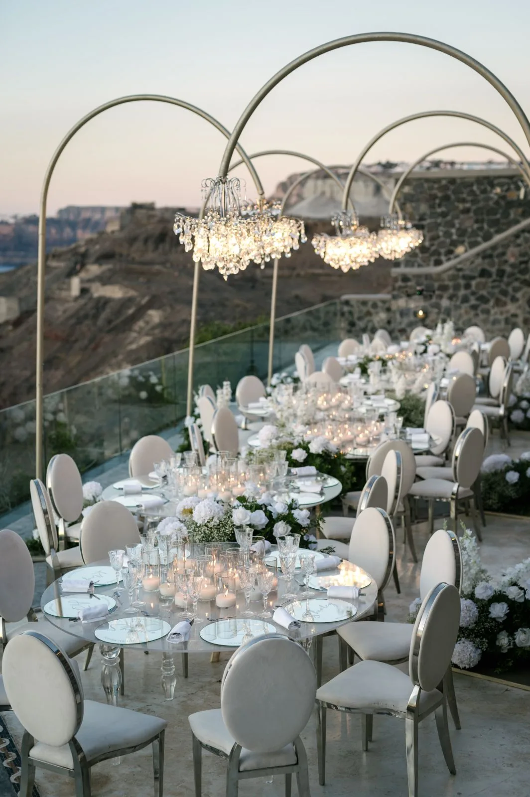 A Greek ceremony arch and mirrors set up in Santorini