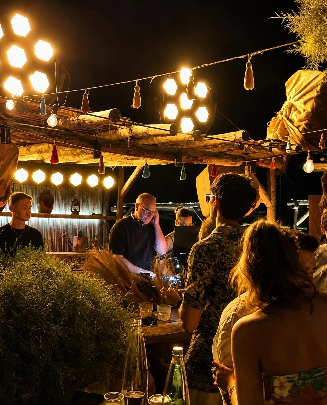 The DJ booth and party lighting at a Santorini wedding