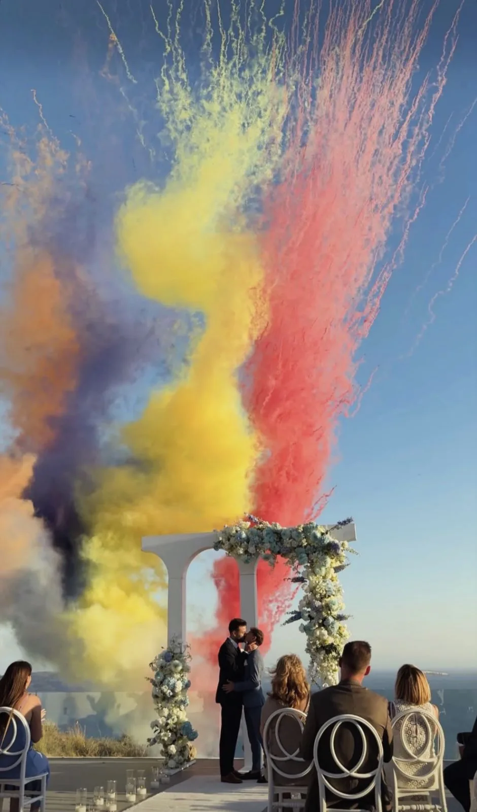 A ceremony arch dressed with silk flowers in Santorini