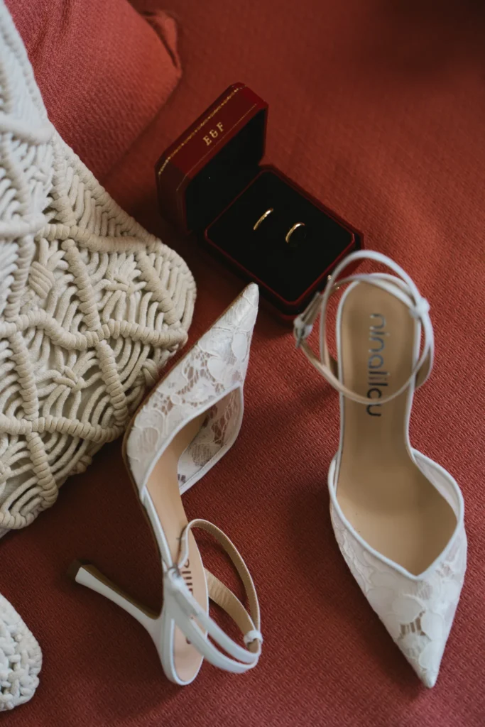 Elisa & Fabio wedding at Love Cave Venue, Santorini — the bridal heels and the ring box